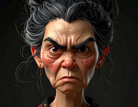 Cartoon-like portrait of an angry, older woman