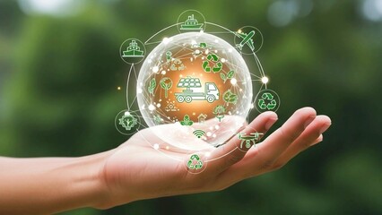 Hand Holding Glowing Eco Transportation Sphere with Sustainable Mobility Icons