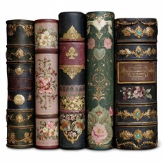 Collection of antique books with detailed bindings displayed in a row on a shelf in a vintage setting