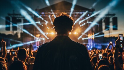 Enthusiastic crowd enjoying a live music concert with vibrant stage lights and hands raised, concept for entertainment, nightlife, and events.