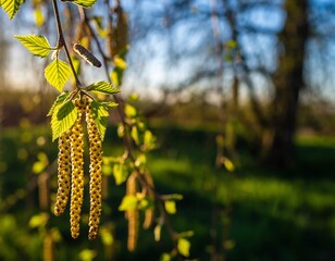 Fototapeta premium Vibrant birch catkins hanging from branches in golden sunset light, symbolizing springtime growth and renewal, concept for nature, allergology and gardening