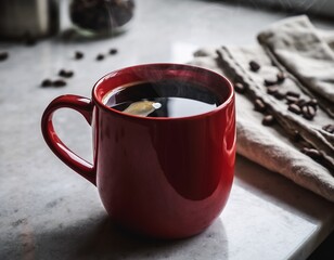 Steaming hot black coffee in a vibrant red mug on a marble counter with scattered beans, ideal for morning rituals and cozy breaks, concept for cafe, morning and relaxation