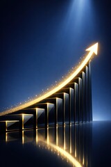 Fototapeta premium Golden rising bar chart with arrow, financial growth and success concept