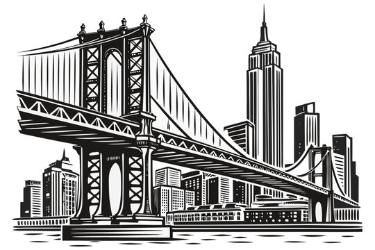 Brooklyn Bridge Illustration with New York City Skyline, Iconic NYC Landmark Vector. Vector Engineering Bridge Illustration.