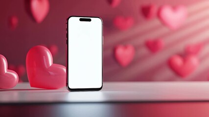 Modern smartphone on white surface with soft valentine hearts and red tones in background. Copy space for text