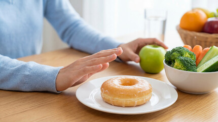 Woman choosing between healthy food and donut at table in kitchen, closeup