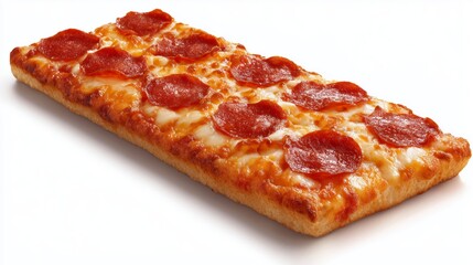 Rectangular pepperoni pizza flatbread with melted cheese and red sauce on golden crust