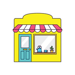 Obraz premium A colorful illustration of a small business storefront with a striped awning and a plant.