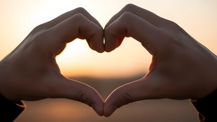 Obraz premium Hands forming heart shape against sunset background