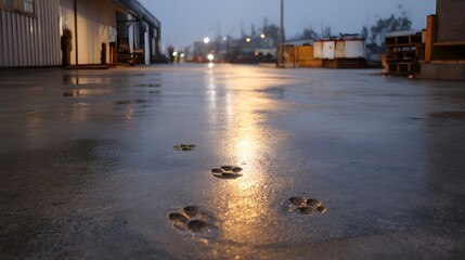 Obraz premium Paw prints impressed into wet concrete at twilight reflecting atmospheric lights