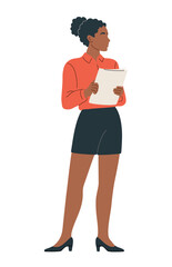 African American business woman in professional attire standing full length, holding documents. Flat minimalist illustration isolated on transparent background.