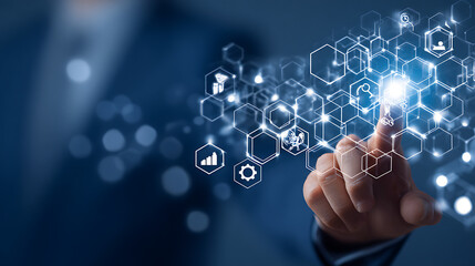 Businessman interacting with futuristic digital interface technology