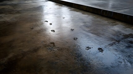 Wet paw prints trail across a reflective concrete floor with puddles suggesting a recent passage