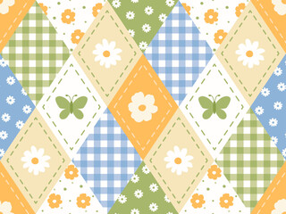 Sweet Floral Argyle Seamless pattern. The soft pastel colors and playful layout make it perfect for girly textiles, nursery prints, baby shower decorations, scrapbooking, wrapping paper, orange, green