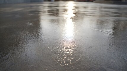 A close up view of a wet reflective concrete surface glistening under soft sunlight showing subtle textures and reflections