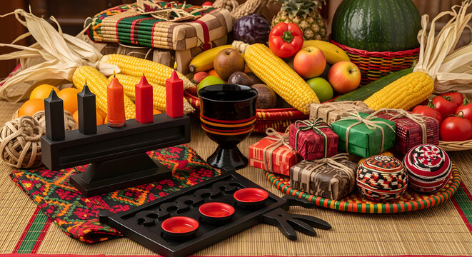 Kinara, unity cup, gifts, corn, and harvest fruits arranged for