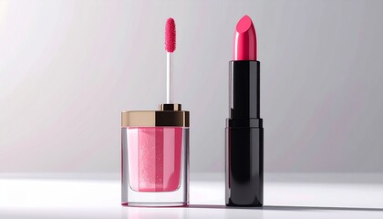 "Two pink lip gloss tubes with metallic and black accents on glossy pink surface and background."