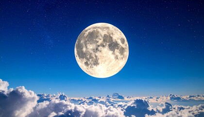"Bright full moon above fluffy clouds in clear night sky with soft glow and faint stars."