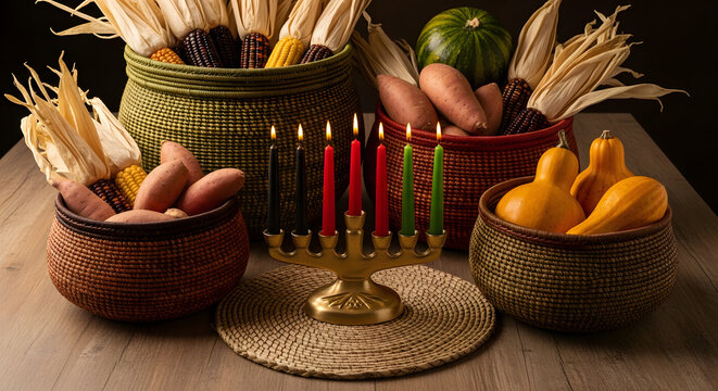 Kwanzaa Kinara with seven lit candles, woven baskets, corn, squa