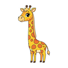 Obraz premium An illustration of a smiling giraffe standing alone on a white background.