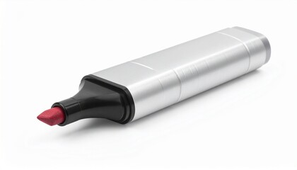 "Silver marker with red chisel tip angled on white surface in clean product display."