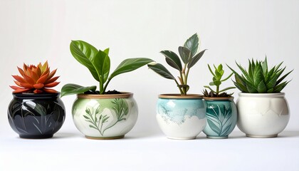 "Row of small potted plants with unique decorative pots and varied greenery on white background."
