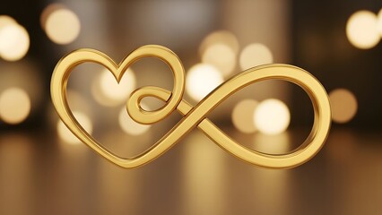 Golden heart shaped infinity symbol with blurred background