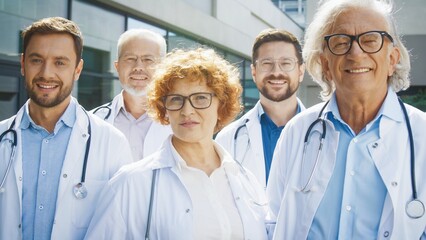 Confident medical team standing outside clinic and posing together under bright daylight. Professionals presenting unity and strength while maintaining relaxed expressions. Upcoming tasks.