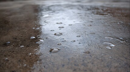 Detailed ro view of a wet concrete surface with water puddles droplets and reflections on a grey background
