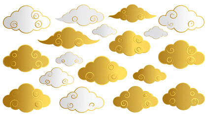 Set of decorative stylized clouds in luxurious gold and white color palette, smooth rounded cloud shapes with elegant spiral swirl details, glossy, isolated on transparent background