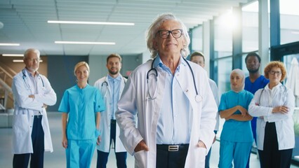 Adult male doctor holding relaxed posture while standing before medical team. Experienced medical professional showing calm authority while preparing for demanding hospital work. Working in hospital.