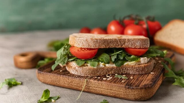 A fresh vegetarian sandwich with whole grain bread, tomatoes, lettuce, and herbs served on a wooden board in a natural light setting.