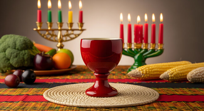 Red Unity Cup (Kikombe cha Umoja) centerpiece with Kinara candle