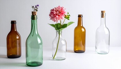 "Artful glass bottle arrangement with colorful flowers in varied shapes and hues on white background."