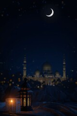 Peaceful Ramadan night background with crescent moon, glowing lantern and mosque