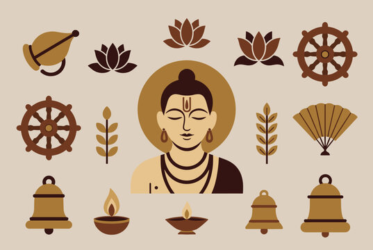 A collection of spiritual and religious symbols including a central deity figure, lotus flowers, dharma wheels, bells, and oil lamps, set against a light background.