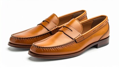 "Polished tan leather penny loafers with moccasin toe and classic strap on clean surface."