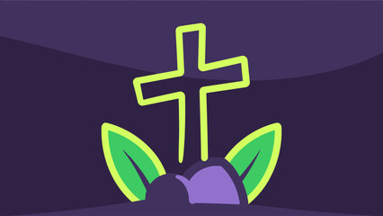 Obraz premium A stylized green cross with leaves rising from a purple mound against a dark background, symbolizing remembrance or a grave.