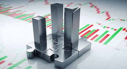 Silver skyscraper models on puzzle pieces over financial market trading charts