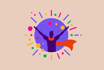 A vibrant illustration of a person with outstretched arms and a cape, celebrating success and achievement with colorful confetti and rays.