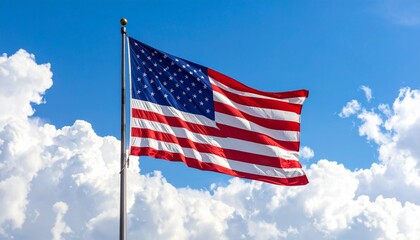 "American flag waving on flagpole against bright blue sky with scattered white clouds."