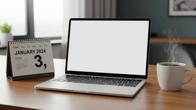 Bright modern office desk setup with laptop, calendar, and coffee ready for productive work - Powered by Adobe