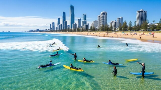 Aerial view of surfers learning on a sunny coastal city beach, a dynamic visual work.