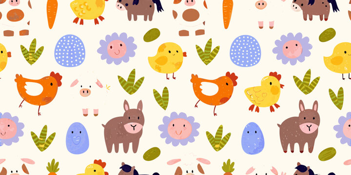 A charming pattern featuring cartoon animals easter eggs and vibrant spring elements