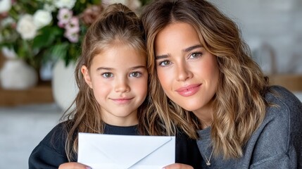 Mother and daughter smile together while holding a letter in a cozy indoor setting with flowers in the background