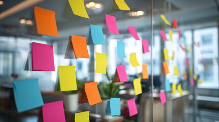 startup brainstorming sticky notes glass wall modern minimal office