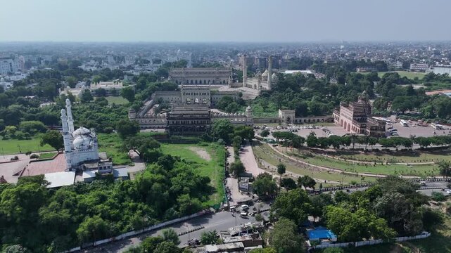 Drone shot of Bara Imambara and Rumi Gate in Lucknow with Gomti River and city skyline