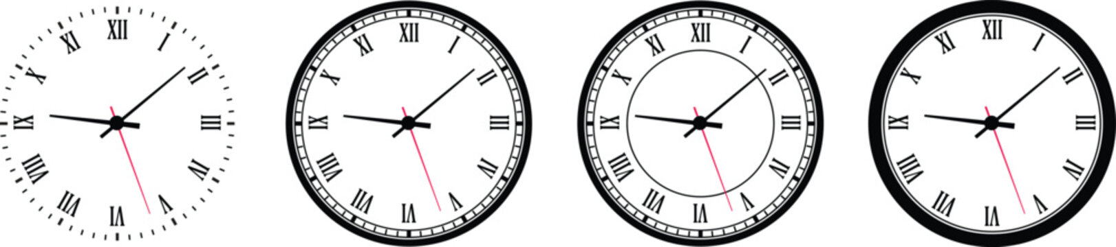Analog wall clock icon set. Classic round timepiece symbols for schedule and deadline management. Watch face designs for office and home decor vector illustration isolated on transparent background.
