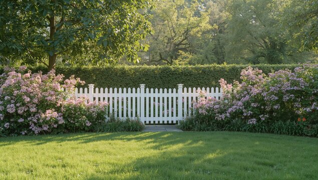 Real estate image of a backyard with a traditional boundary fence and mature trees in the background.