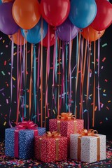 A vibrant and festive scene bursts with colorful celebration elements against a dark background, creating an atmosphere of joy and excitement. A cluster of brightly hued balloons in red, orange, blue,